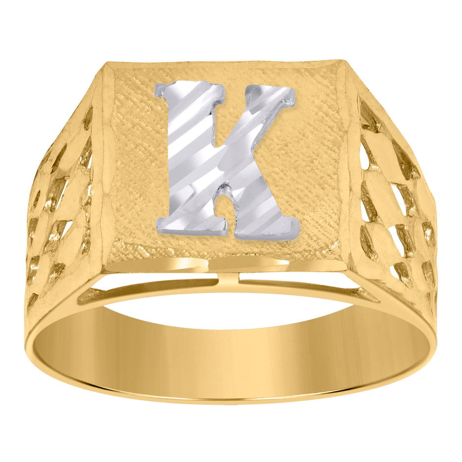 10kt Two-Tone Gold Mens Diamond-Cut Textured Initial Letter K Band Ring