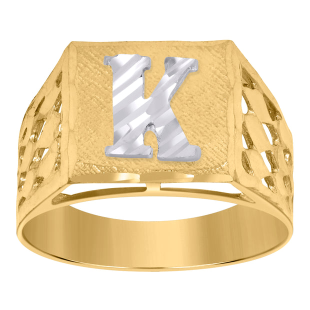 10kt Two-Tone Gold Mens Diamond-Cut Textured Initial Letter K Band Ring