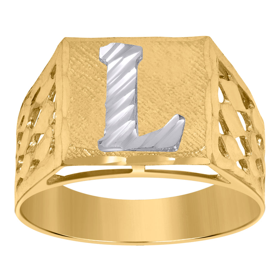 10kt Two-Tone Gold Mens Diamond-Cut Textured Initial Letter L Band Ring
