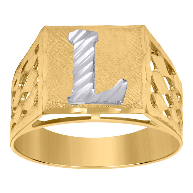 10kt Two-Tone Gold Mens Diamond-Cut Textured Initial Letter L Band Ring