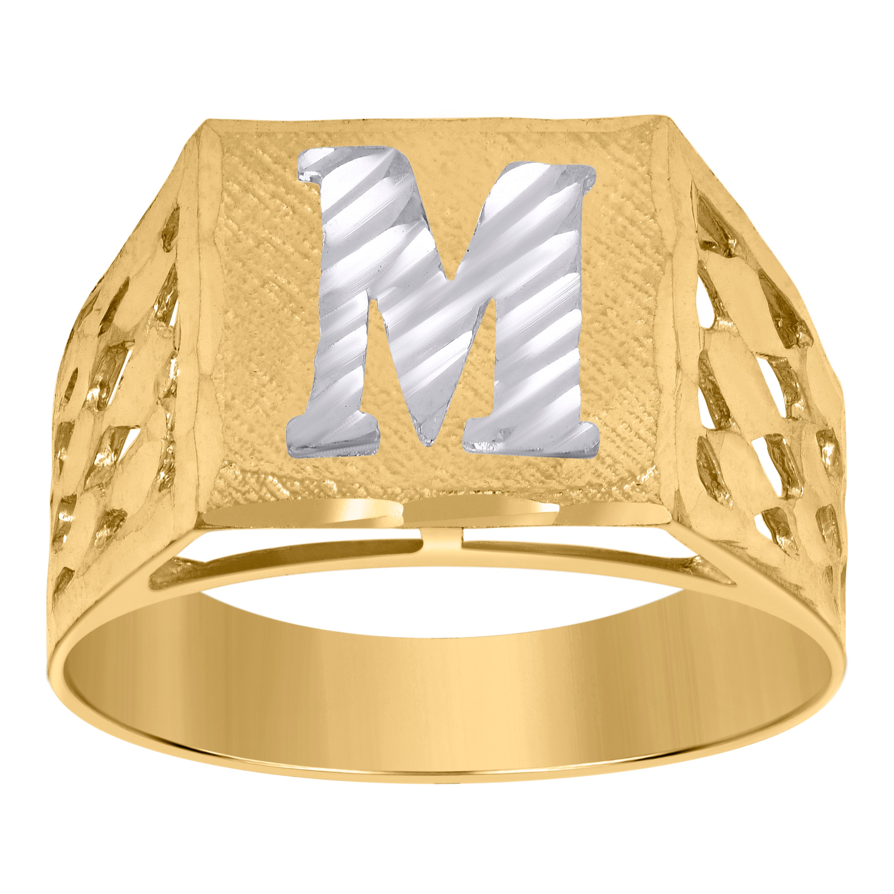 10kt Two-Tone Gold Mens Diamond-Cut Textured Initial Letter M Band Ring