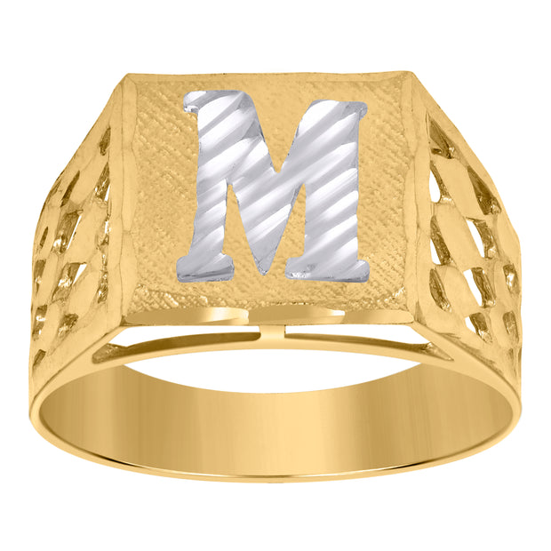 10kt Two-Tone Gold Mens Diamond-Cut Textured Initial Letter M Band Ring