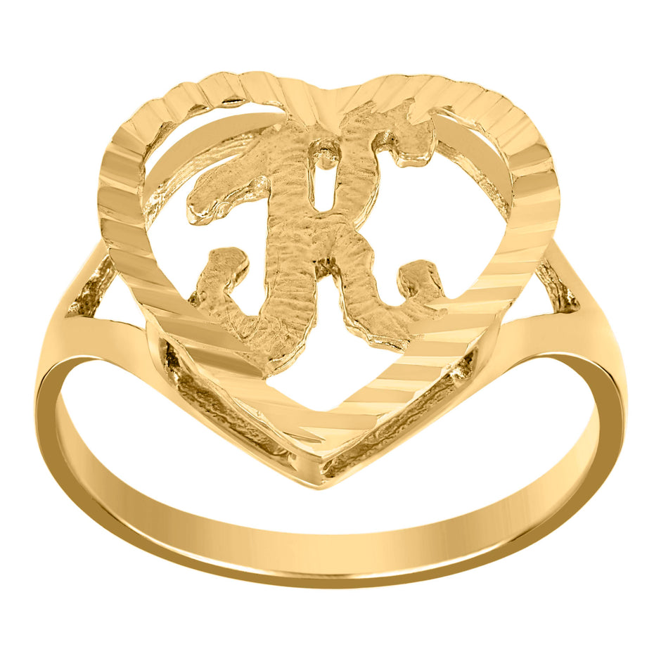 10kt Yellow Gold Womens Diamond-Cut Textured Heart Initial Letter K Band Ring