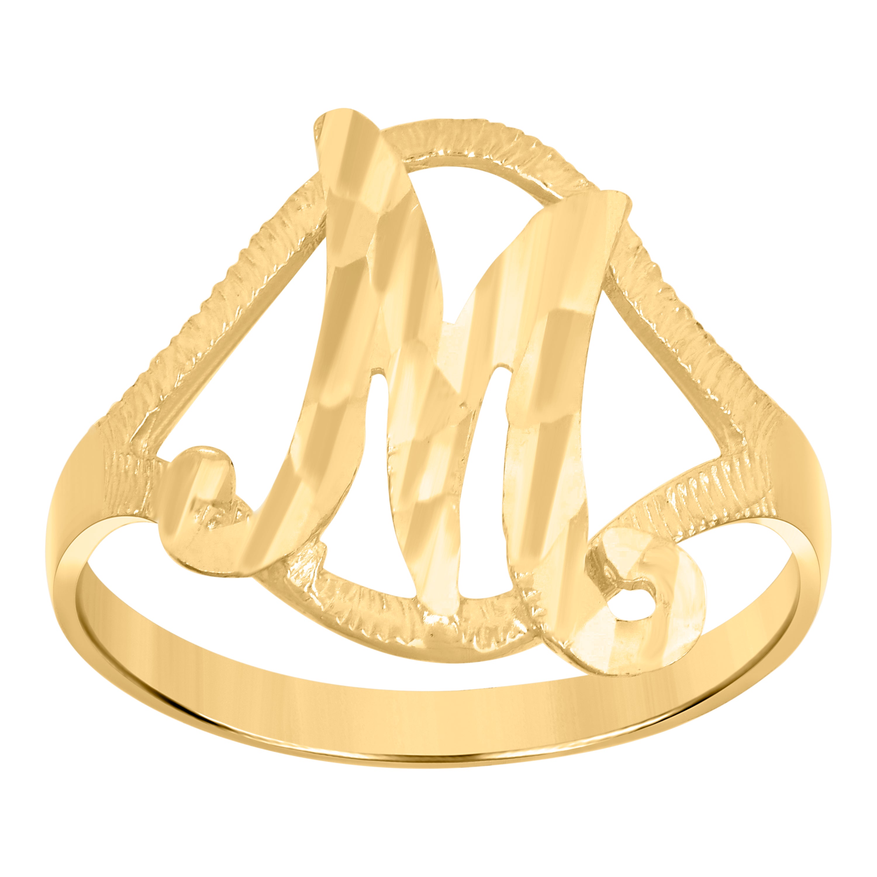 10kt Yellow Gold Womens Diamond-Cut Textured Initial Letter M Band Ring