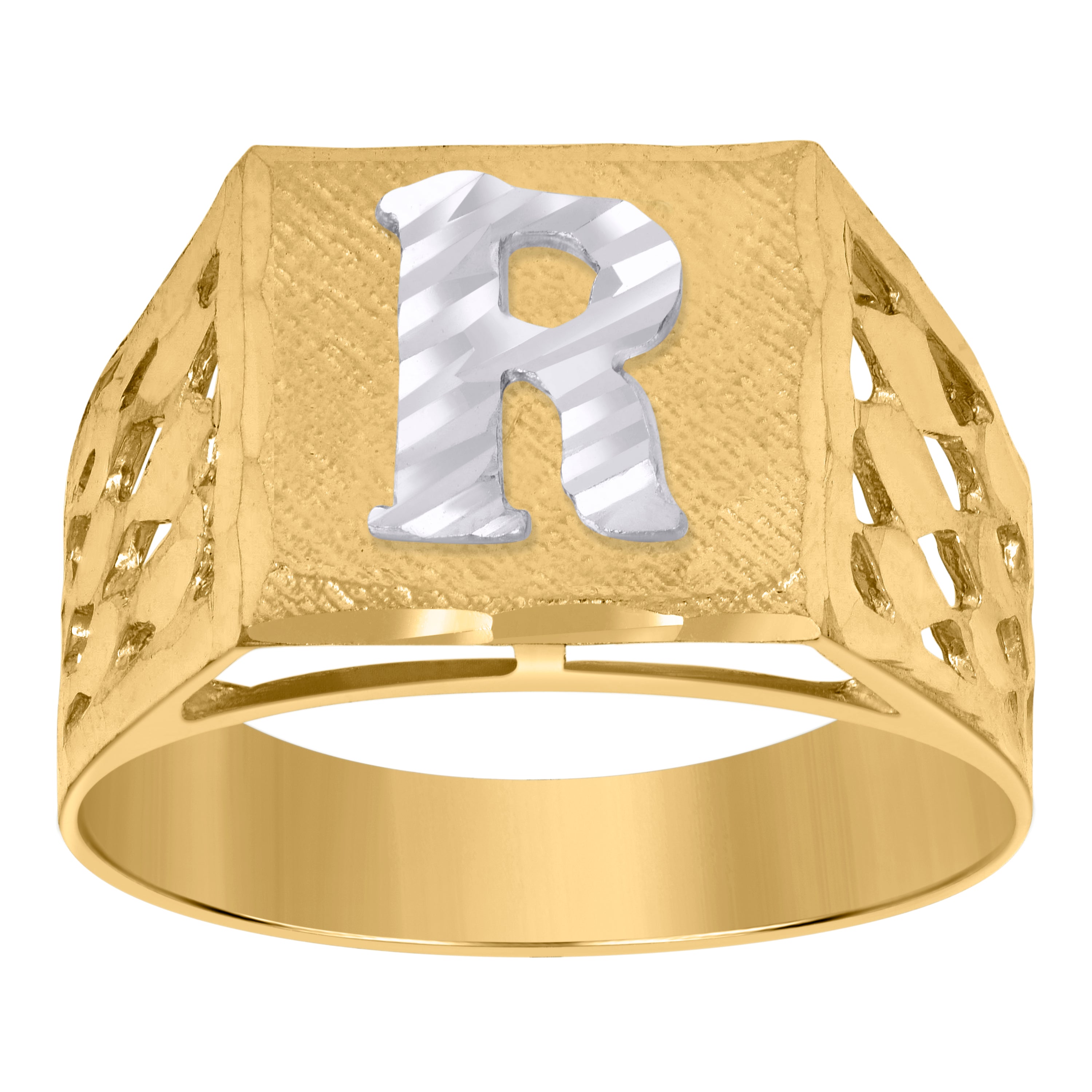 10kt Two-Tone Gold Mens Diamond-Cut Textured Initial Letter R Band Ring