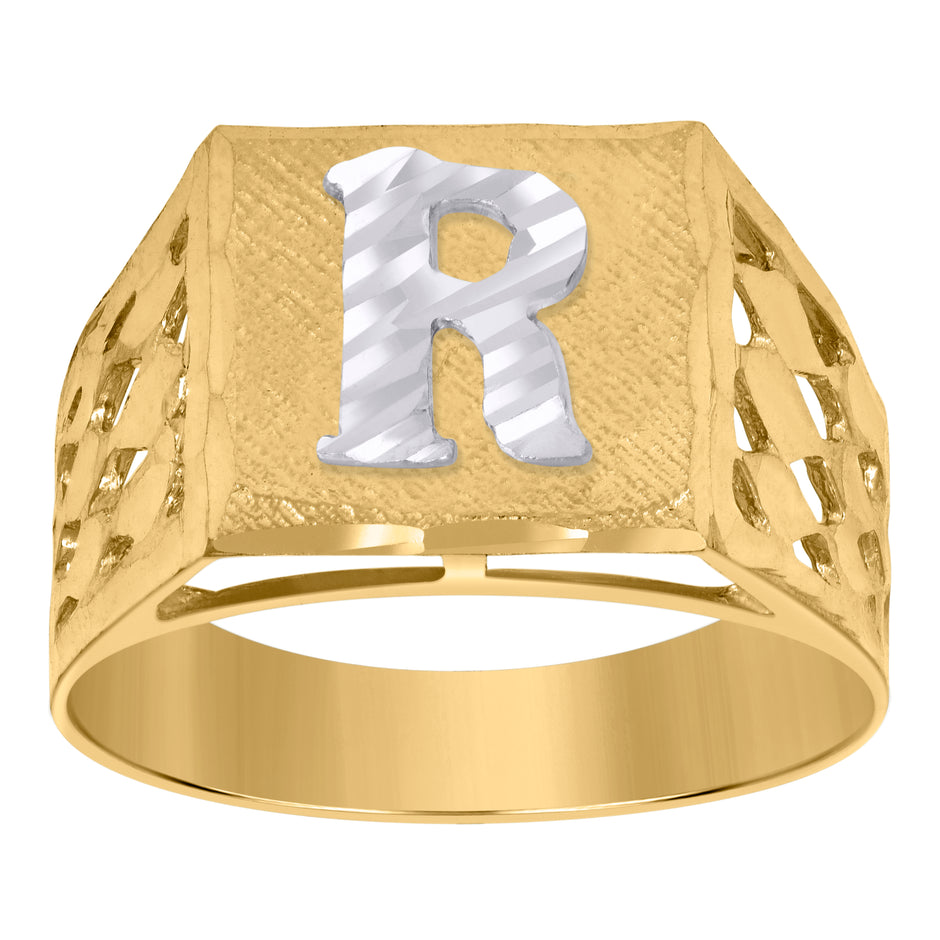 10kt Two-Tone Gold Mens Diamond-Cut Textured Initial Letter R Band Ring