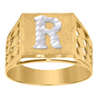 10kt Two-Tone Gold Mens Diamond-Cut Textured Initial Letter R Band Ring