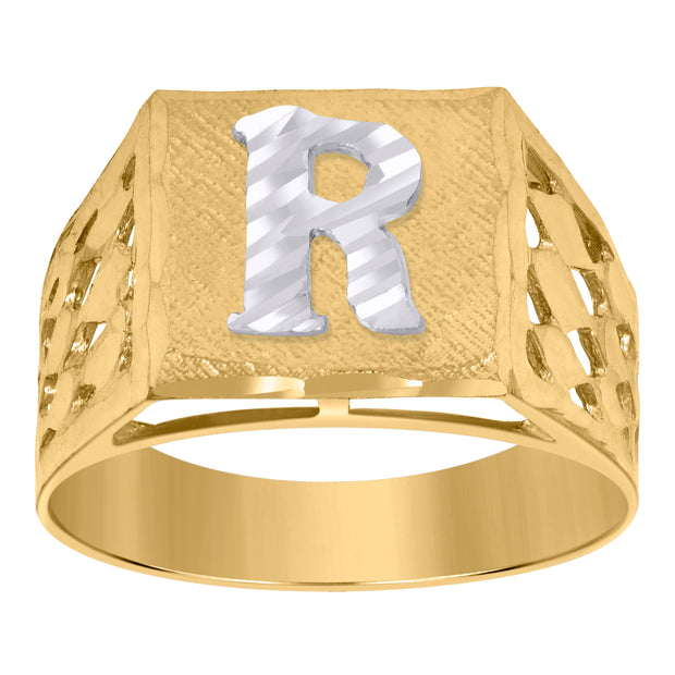 10kt Two-Tone Gold Mens Diamond-Cut Textured Initial Letter R Band Ring