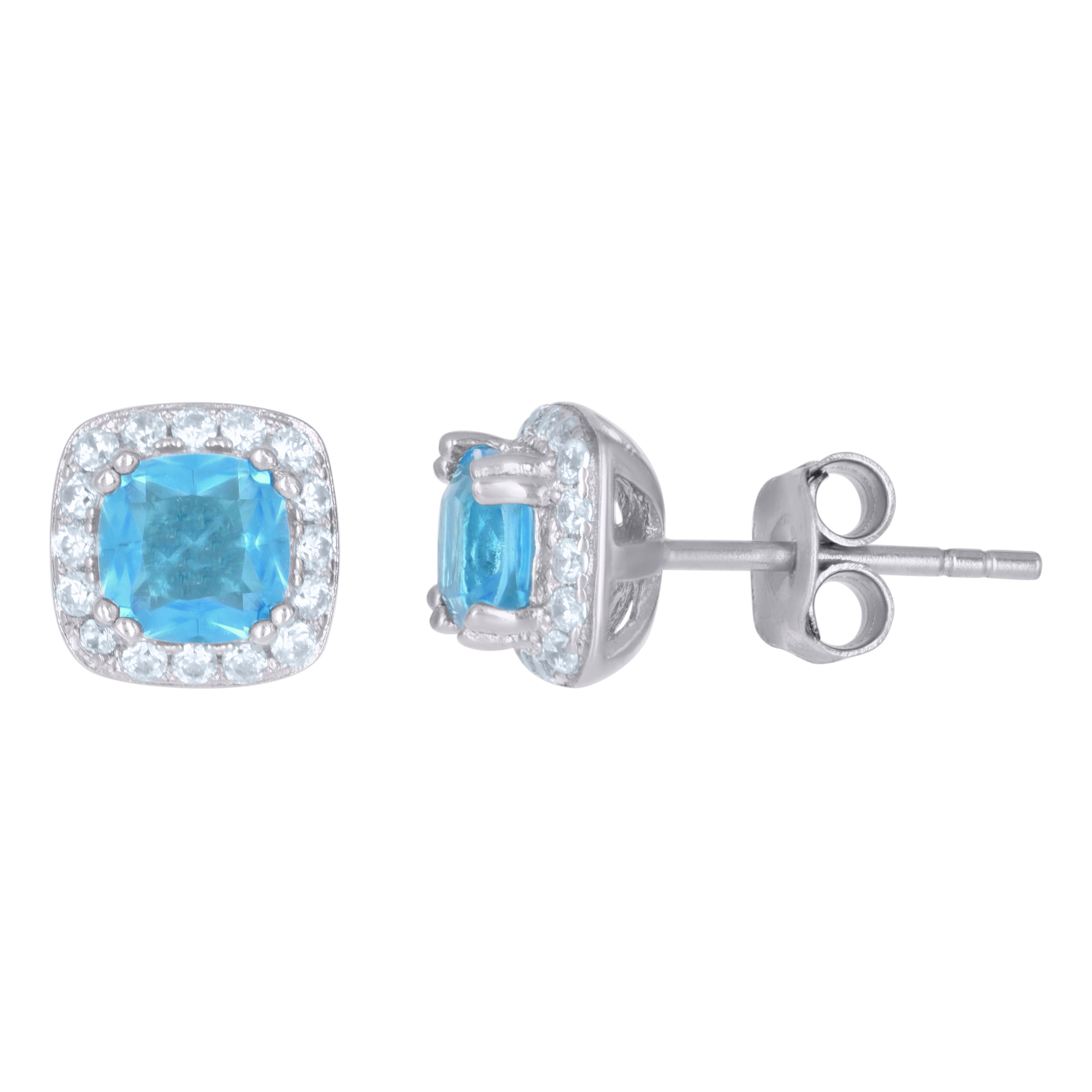 925 Sterling Silver Womens Aqua Cubic Zirconia Square Stud Earrings