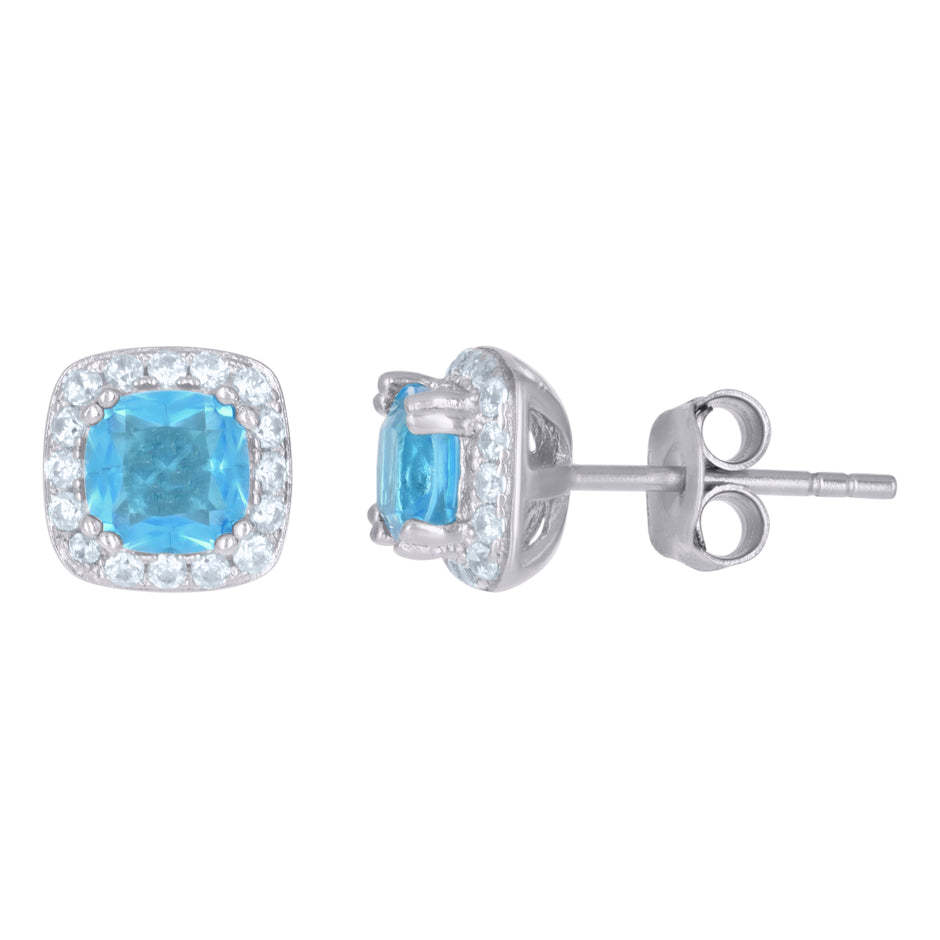 925 Sterling Silver Womens Aqua Cubic Zirconia Square Stud Earrings