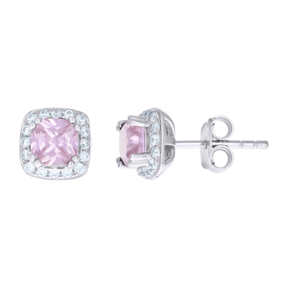 925 Sterling Silver Womens Pink Cubic Zirconia Square Stud Earrings
