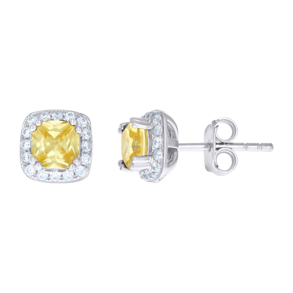 925 Sterling Silver Womens Yellow Cubic Zirconia Square Stud Earrings