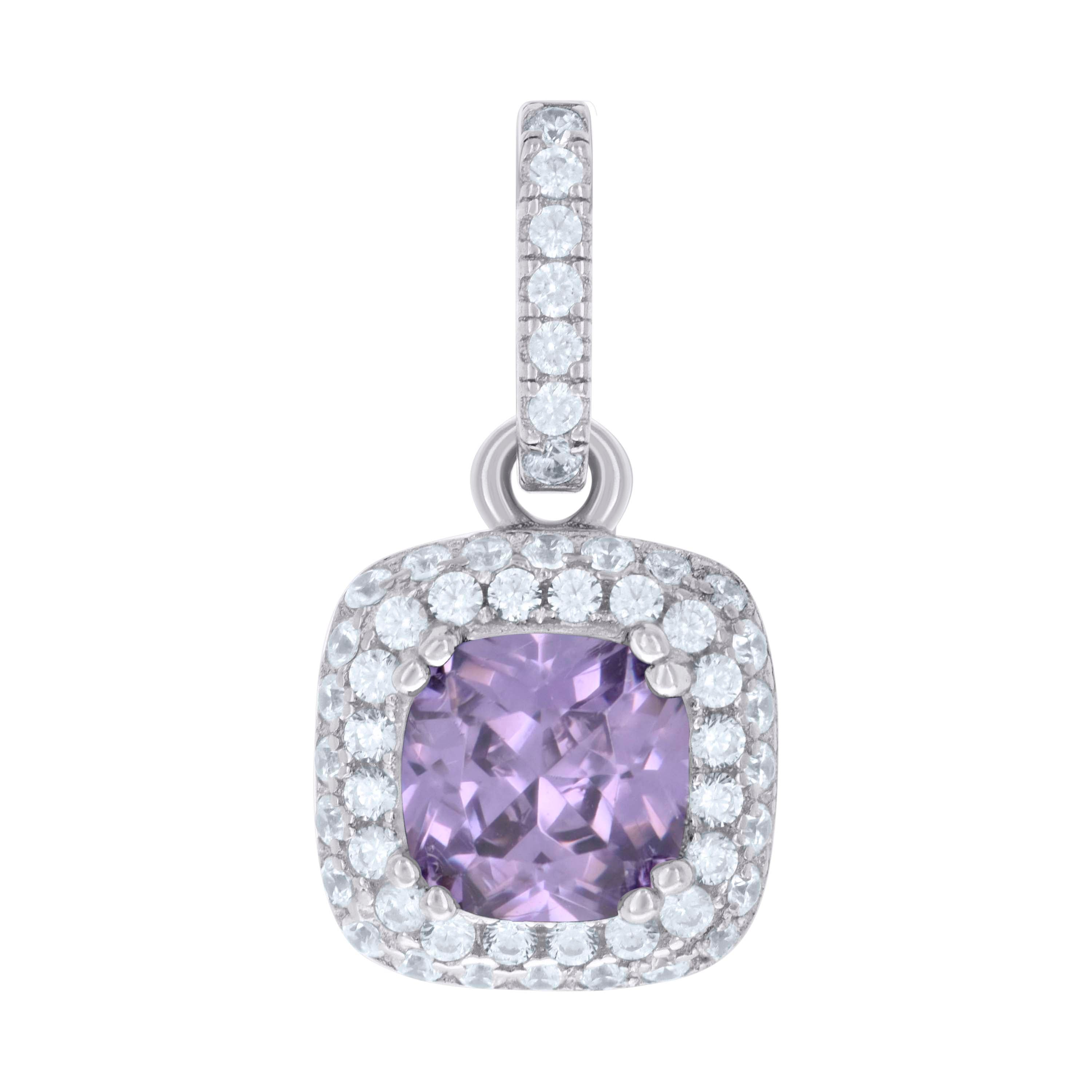 925 Sterling Silver Womens Purple Cubic Zirconia Fashion Square Charm Pendant