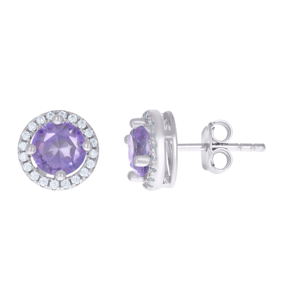 925 Sterling Silver Womens Purple Cubic Zirconia Round Stud Earrings