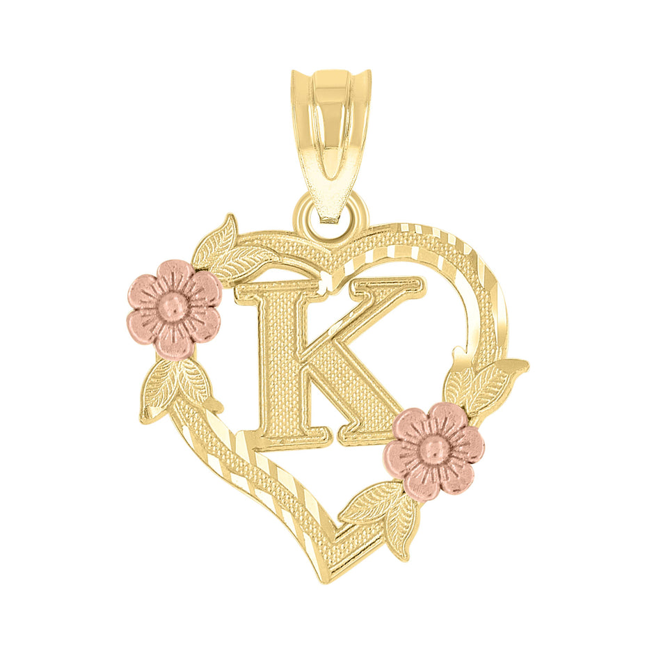 10kt Two-Tone Gold Womens Heart Flower Initial Letter K Charm Pendant