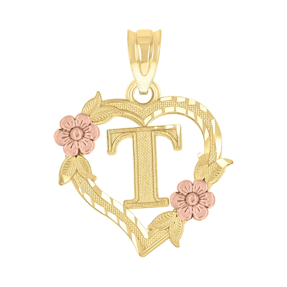 10kt Two-Tone Gold Womens Heart Flower Initial Letter T Charm Pendant