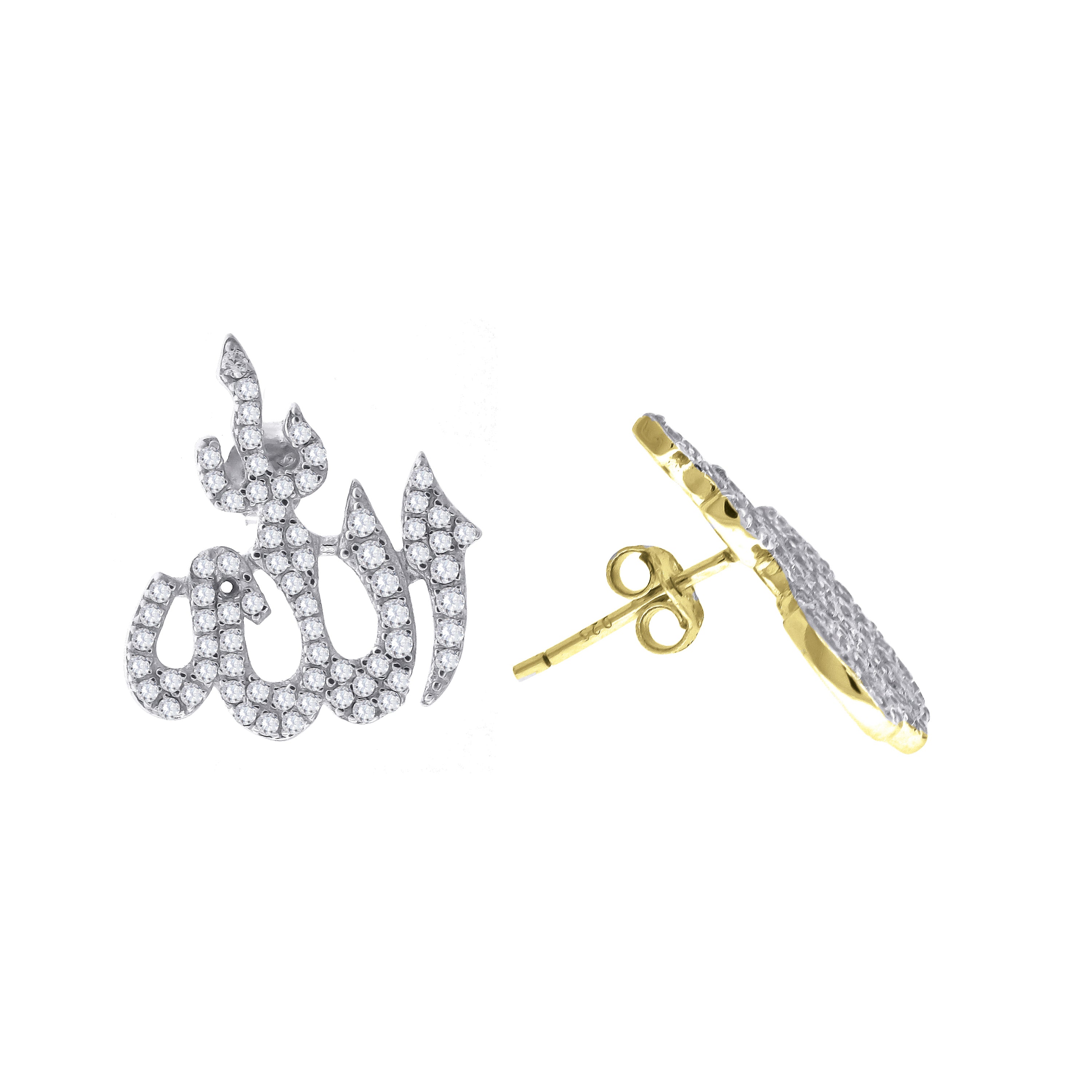925 Sterling Silver Yellow-Tone Unisex Cubic Zirconia Allah Religious Stud Earrings