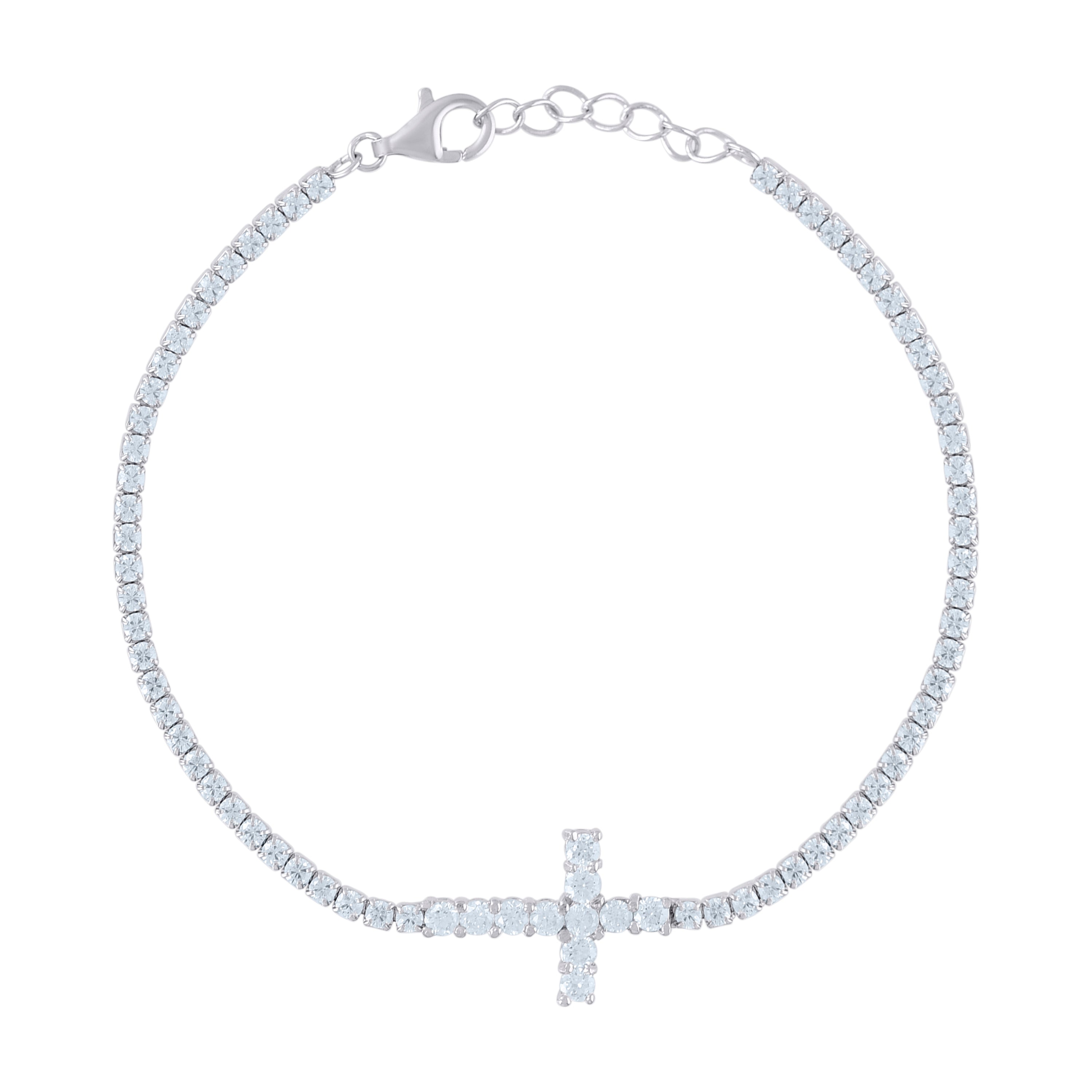 925 Sterling Silver Womens Cubic Zirconia Fancy Cross Bracelet