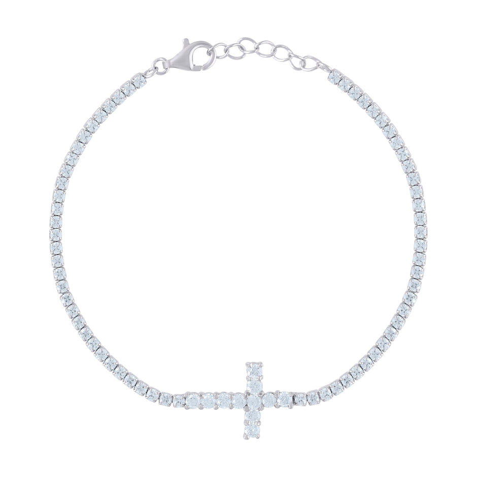 925 Sterling Silver Womens Cubic Zirconia Fancy Cross Bracelet