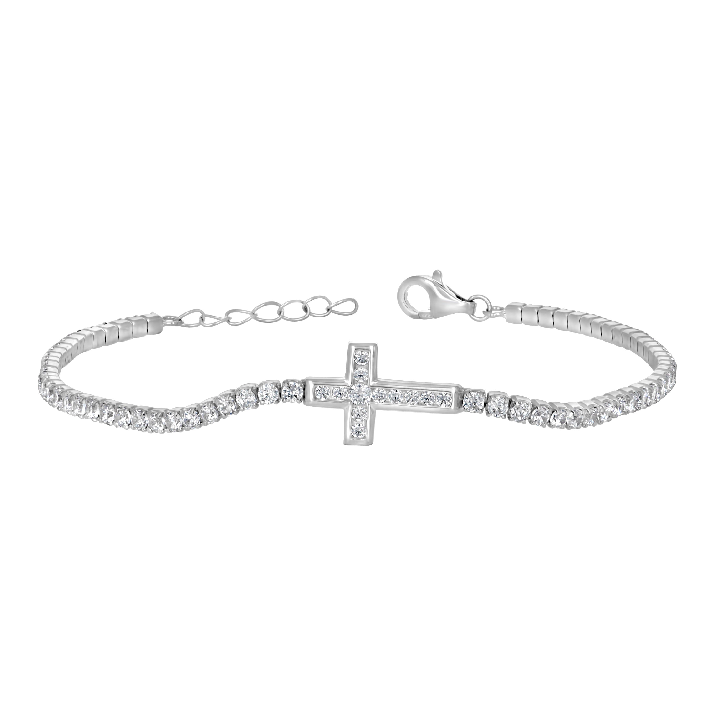 925 Sterling Silver Womens Cubic Zirconia Fancy Cross Bracelet