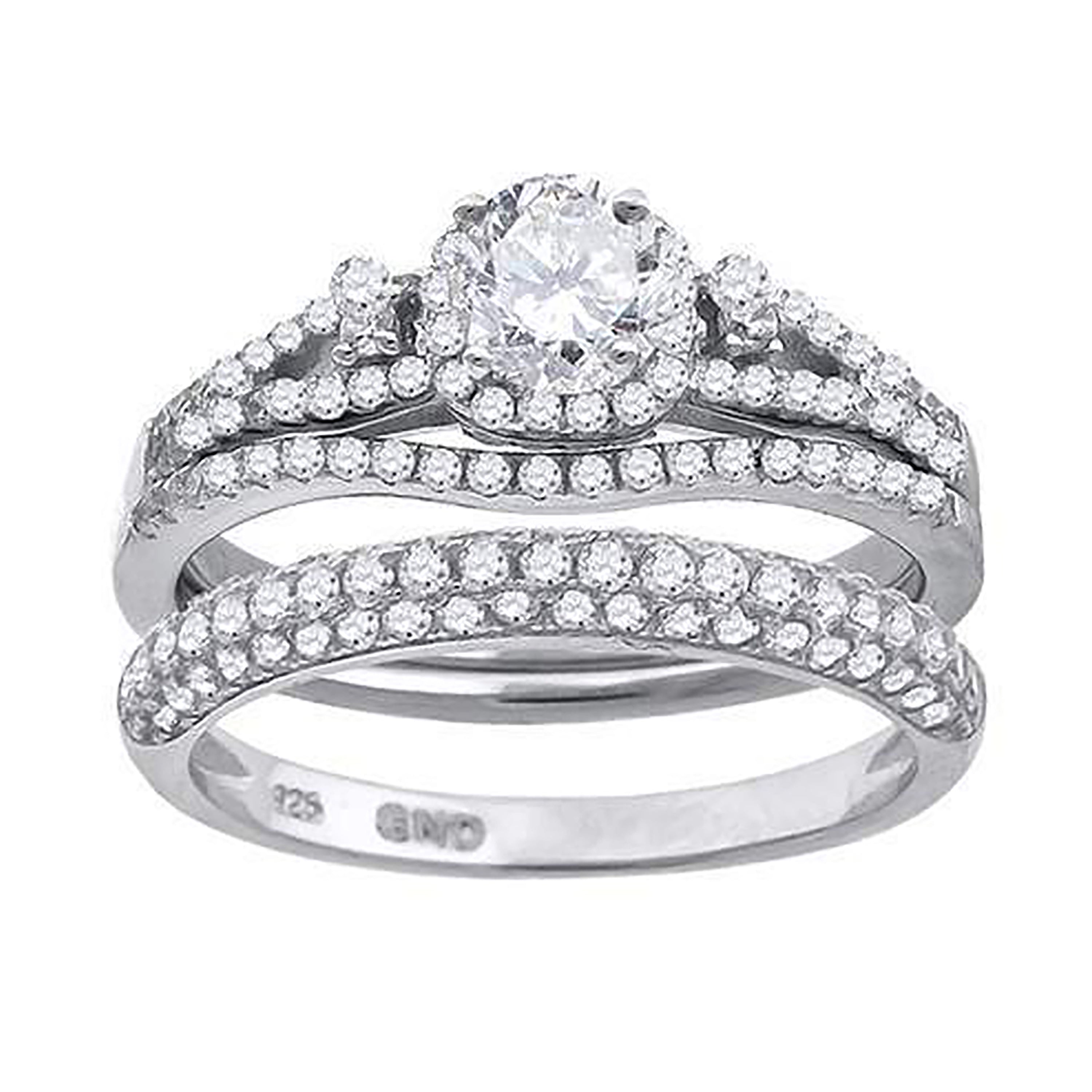 925 Sterling Silver His & Hers Cubic Zirconia Halo Bridal Trio Set Ring Size 6