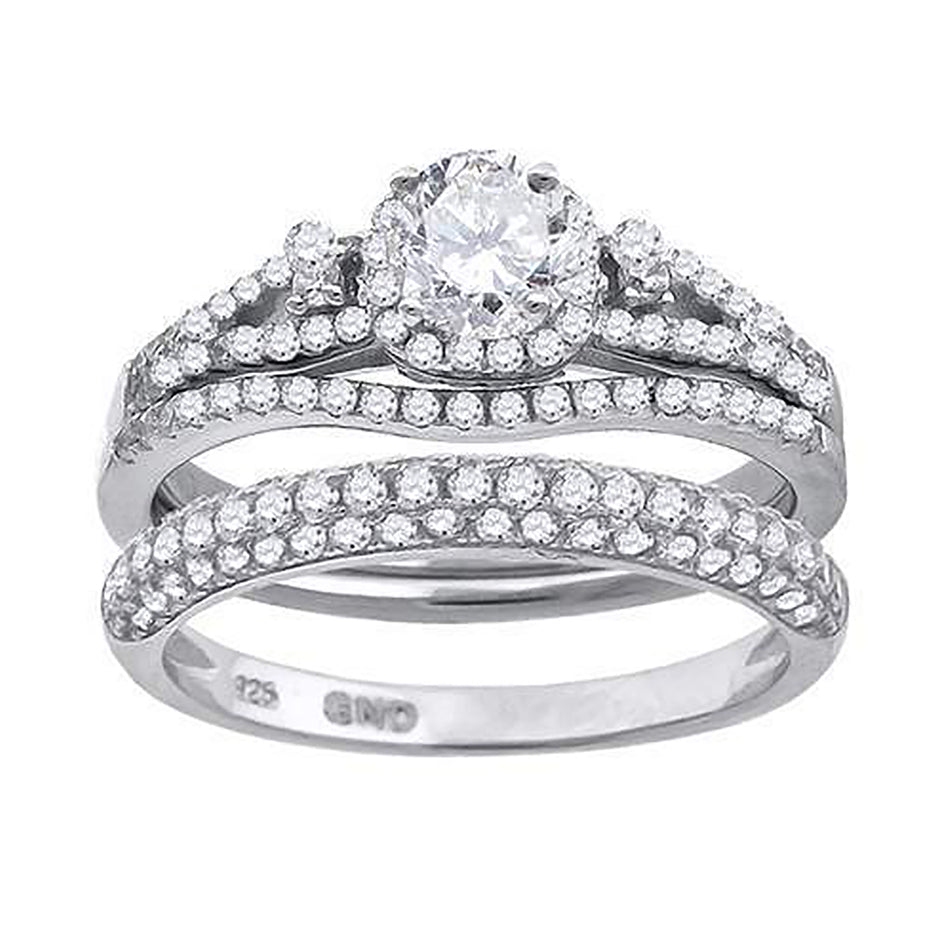 925 Sterling Silver His & Hers Cubic Zirconia Halo Bridal Trio Set Ring Size 6