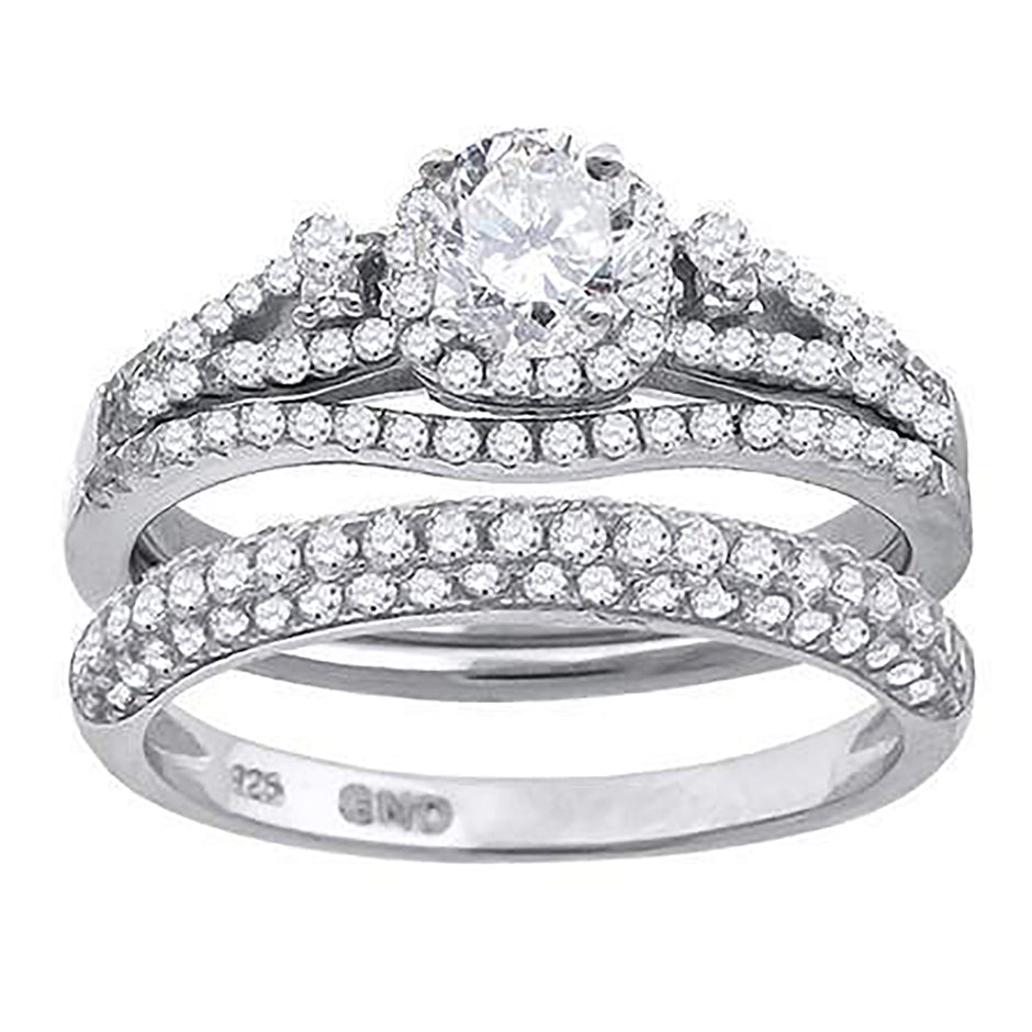 925 Sterling Silver His & Hers Cubic Zirconia Halo Bridal Trio Set Ring Size 7 - SLV-67191