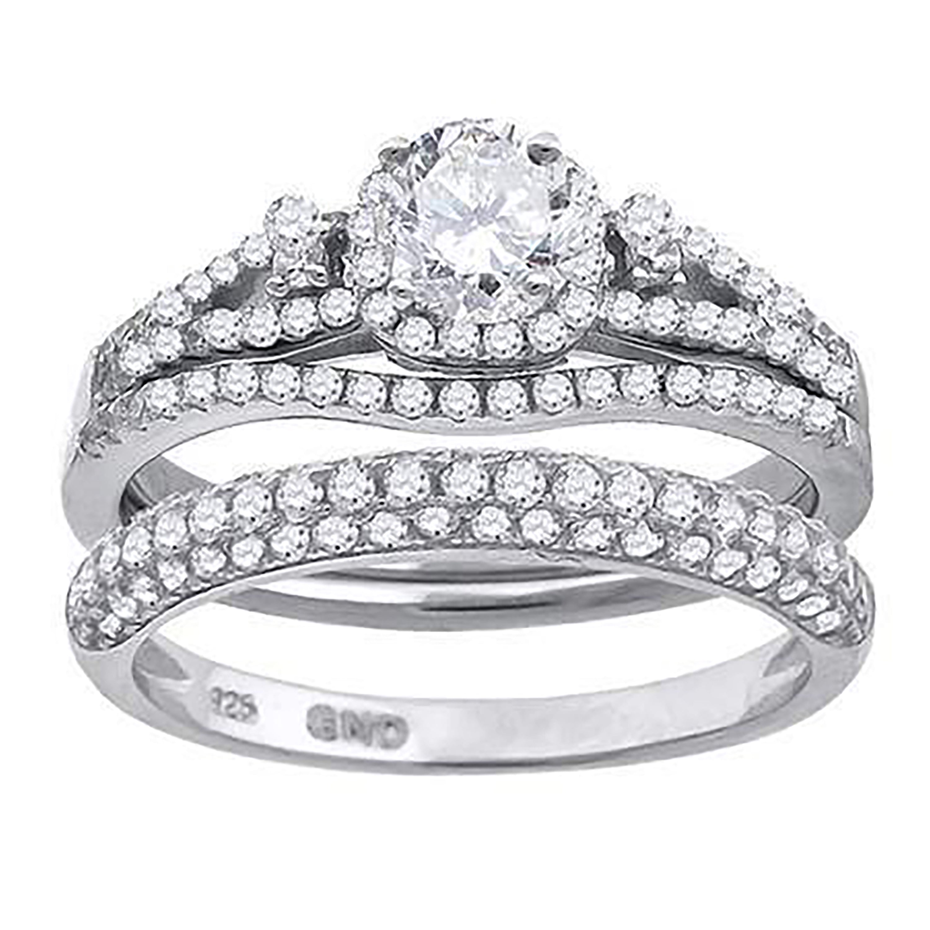 925 Sterling Silver His & Hers Cubic Zirconia Halo Bridal Trio Set Ring Size 8 - SLV-67192