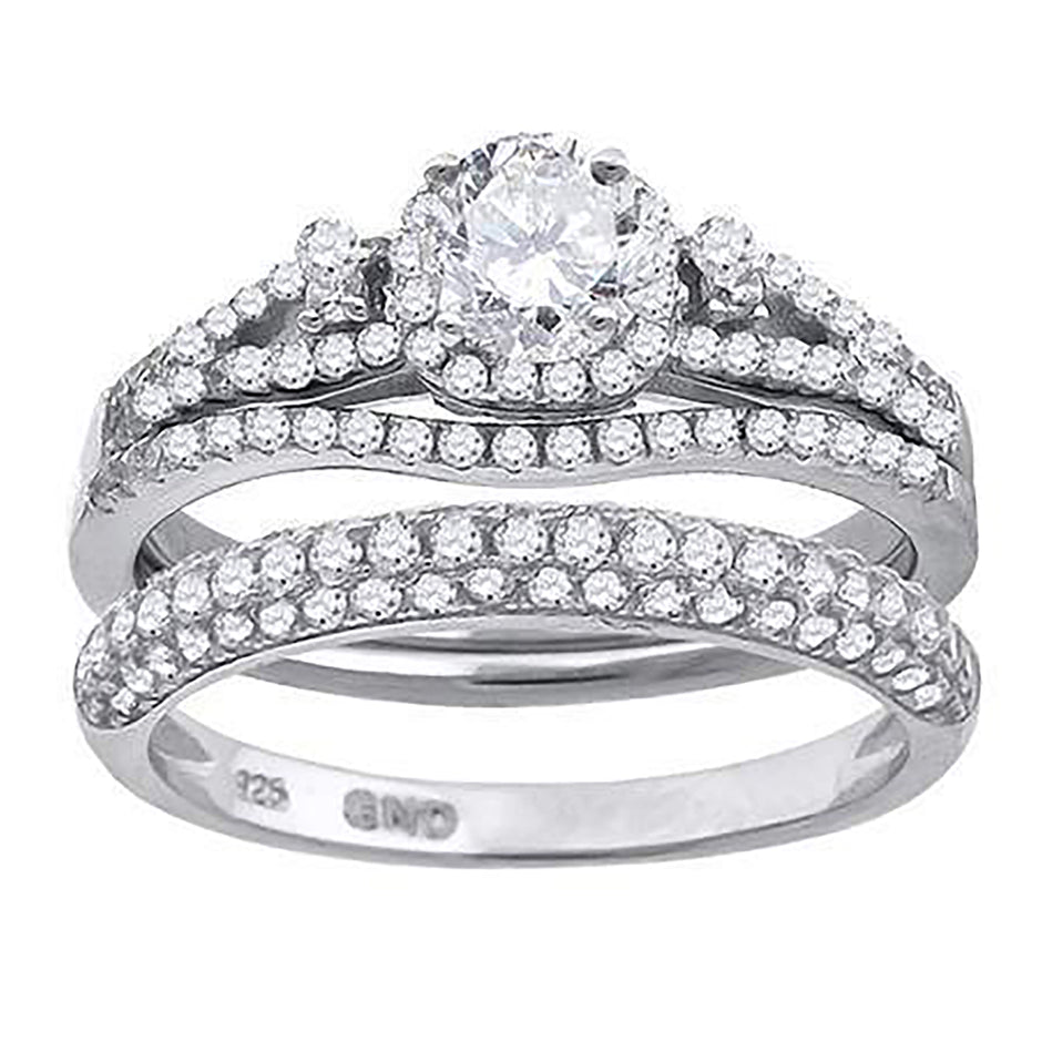 925 Sterling Silver His & Hers Cubic Zirconia Halo Bridal Trio Set Ring Size 8 - SLV-67192