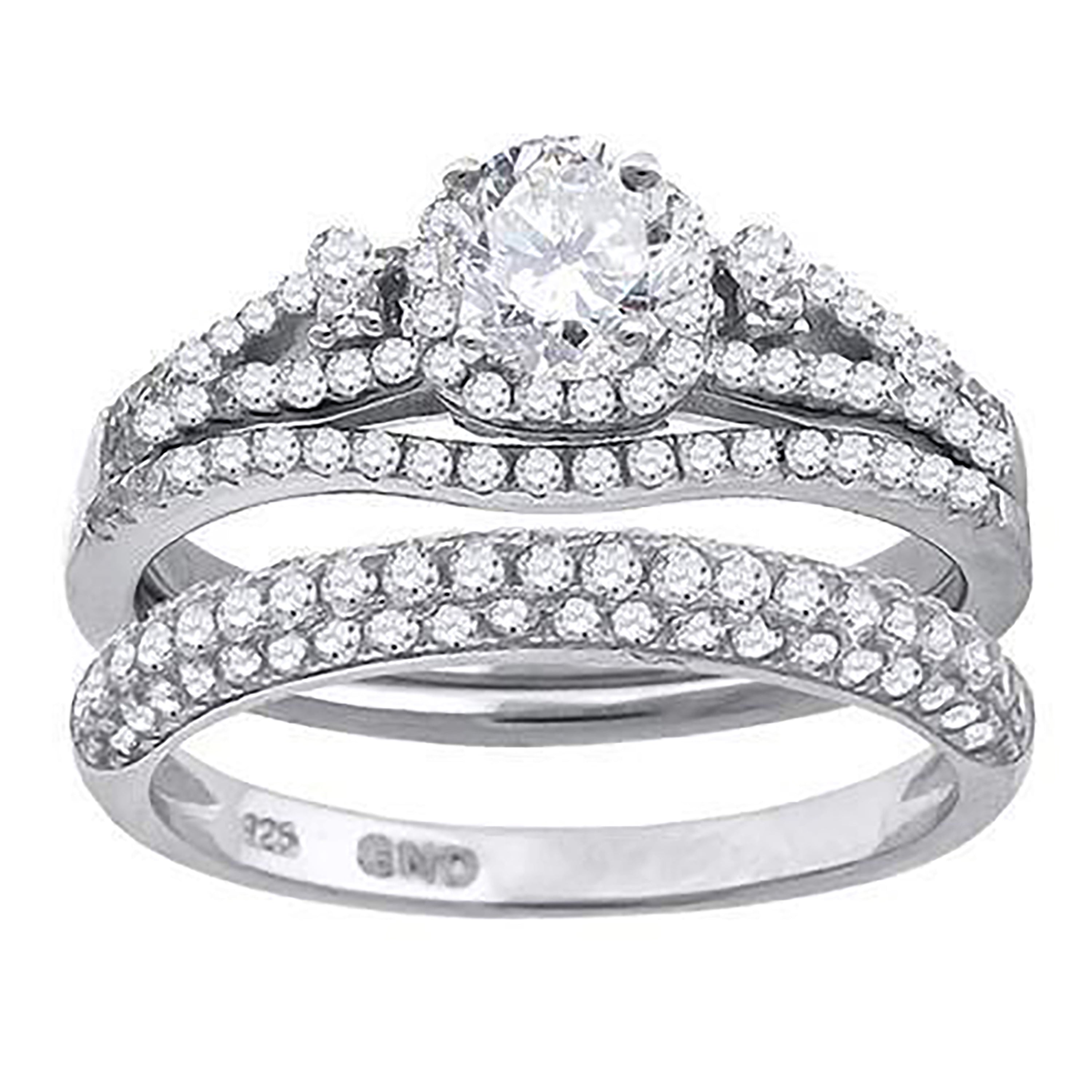 925 Sterling Silver His & Hers Cubic Zirconia Halo Bridal Trio Set Ring Size 9 - SLV-67193