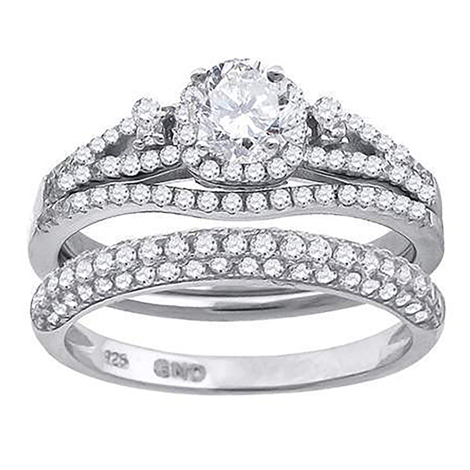 925 Sterling Silver His & Hers Cubic Zirconia Halo Bridal Trio Set Ring Size 9 - SLV-67193
