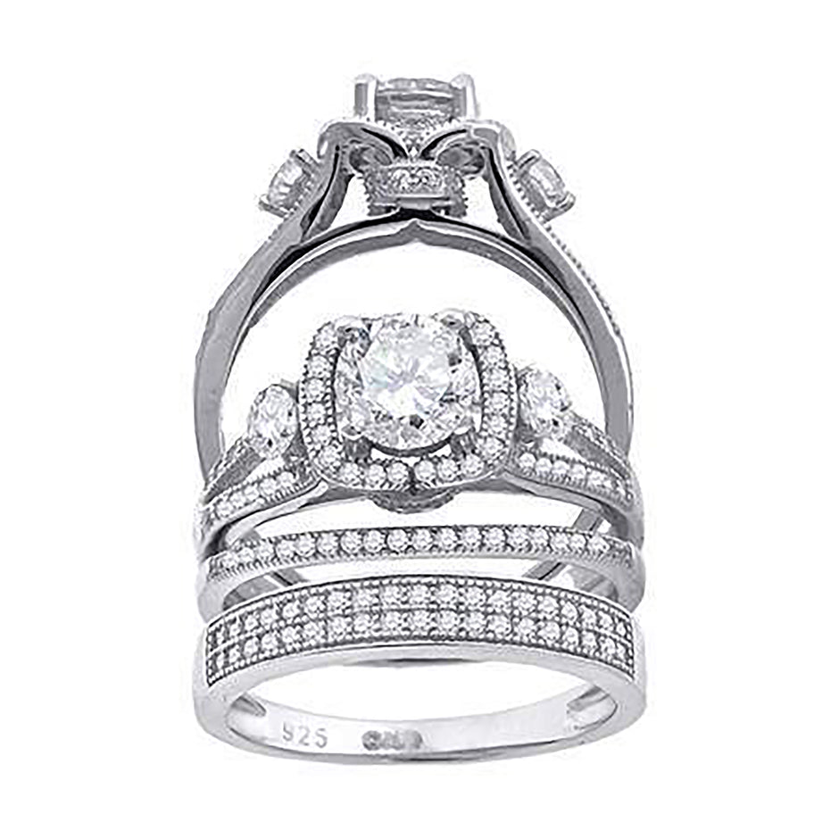 925 Sterling Silver His & Hers Cubic Zirconia Trio Ring Set Size 6
