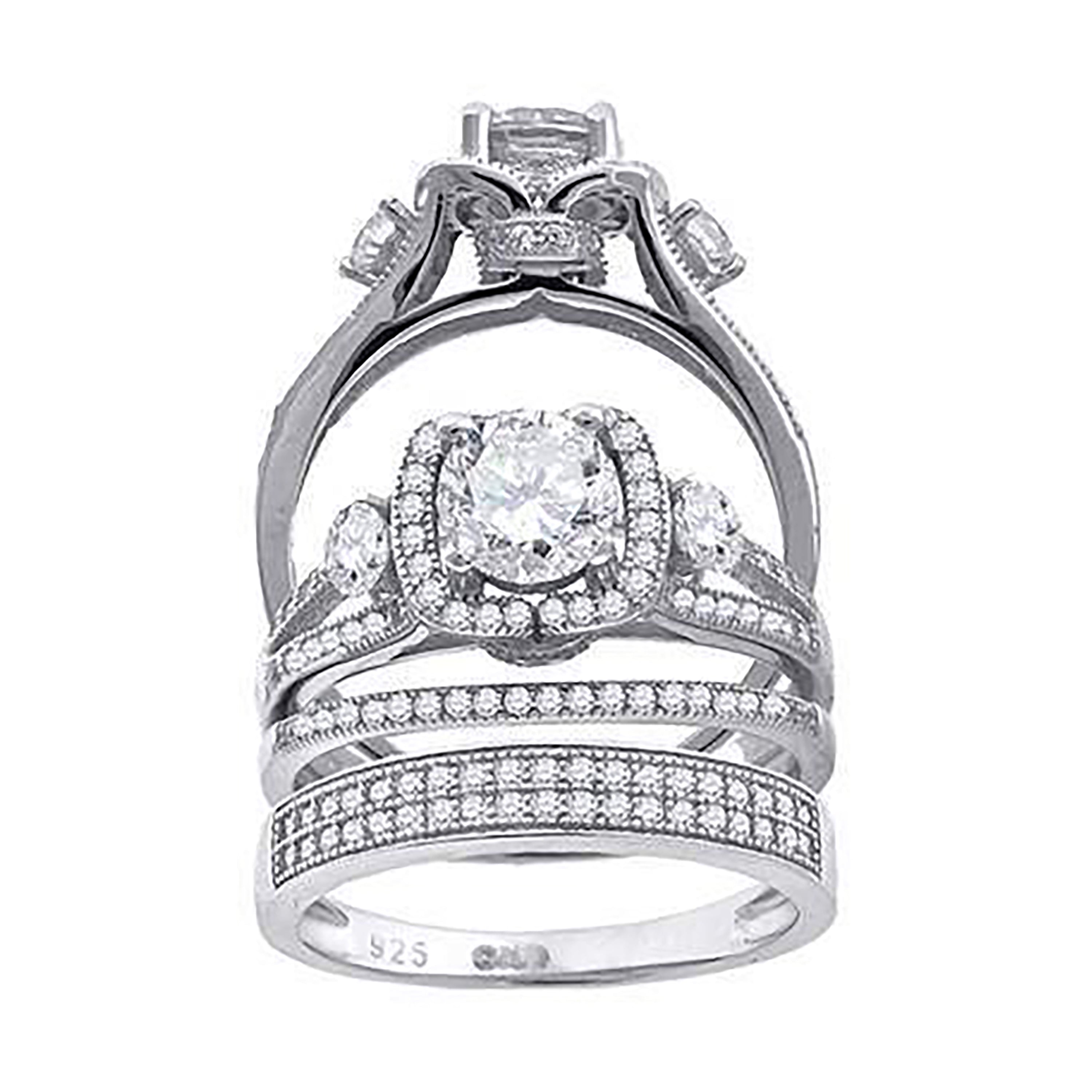 925 Sterling Silver His & Hers Cubic Zirconia Trio Ring Set Size 9 - SLV-67263