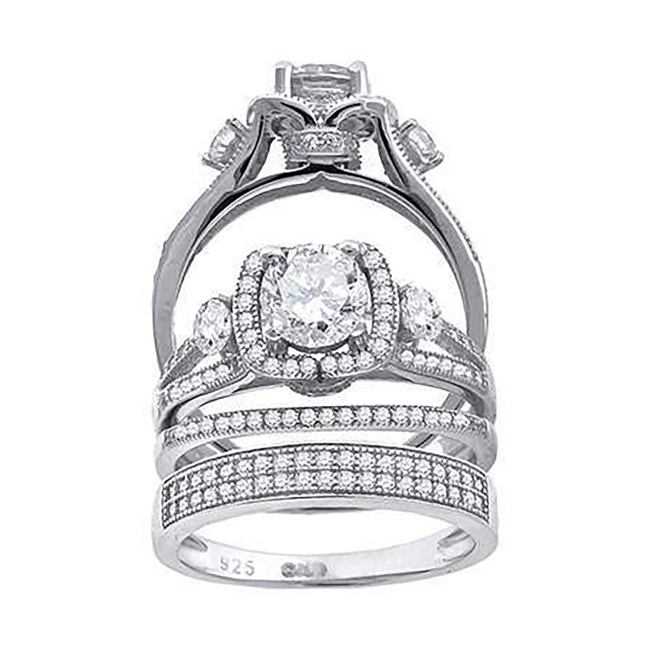 925 Sterling Silver His & Hers Cubic Zirconia Trio Ring Set Size 9 - SLV-67263