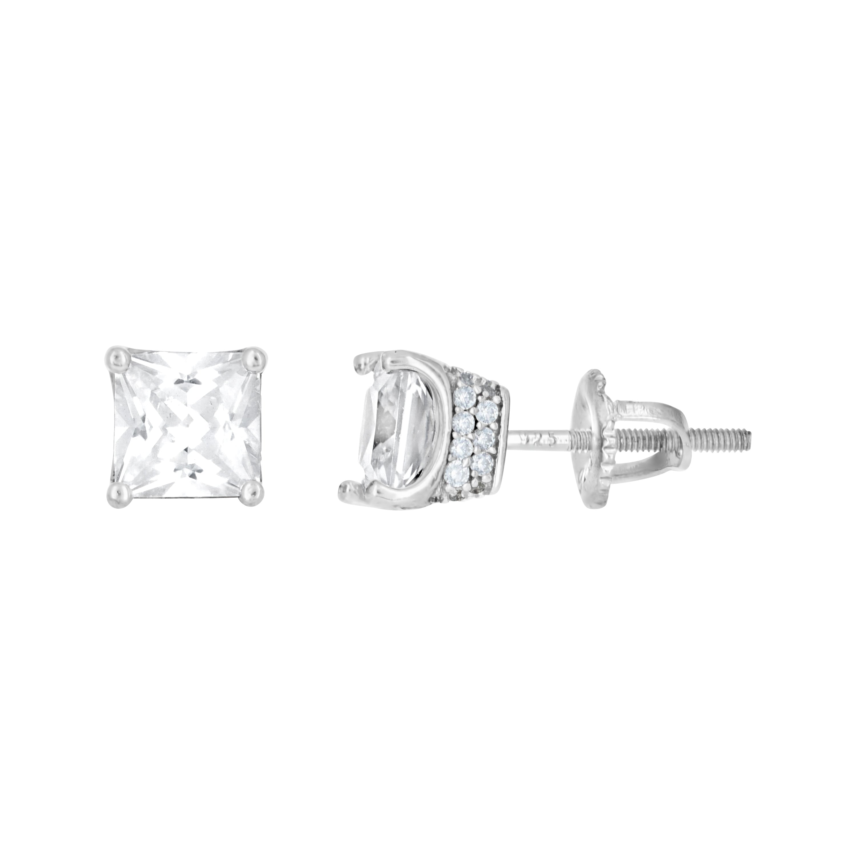 925 Sterling Silver Womens Cubic Zirconia Square Stud Earrings