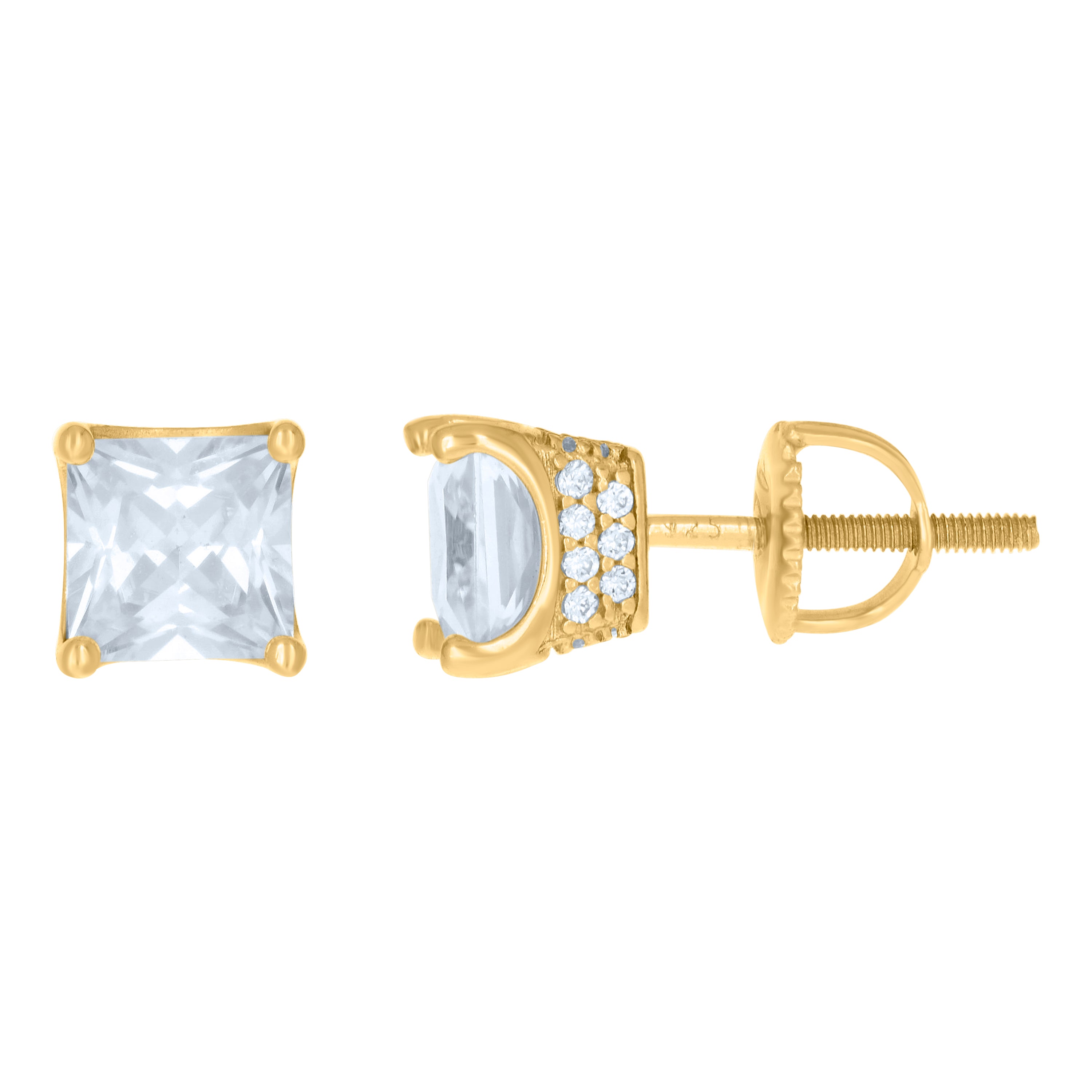 925 Sterling Silver Yellow-Tone Womens Cubic Zirconia Square Stud Earrings