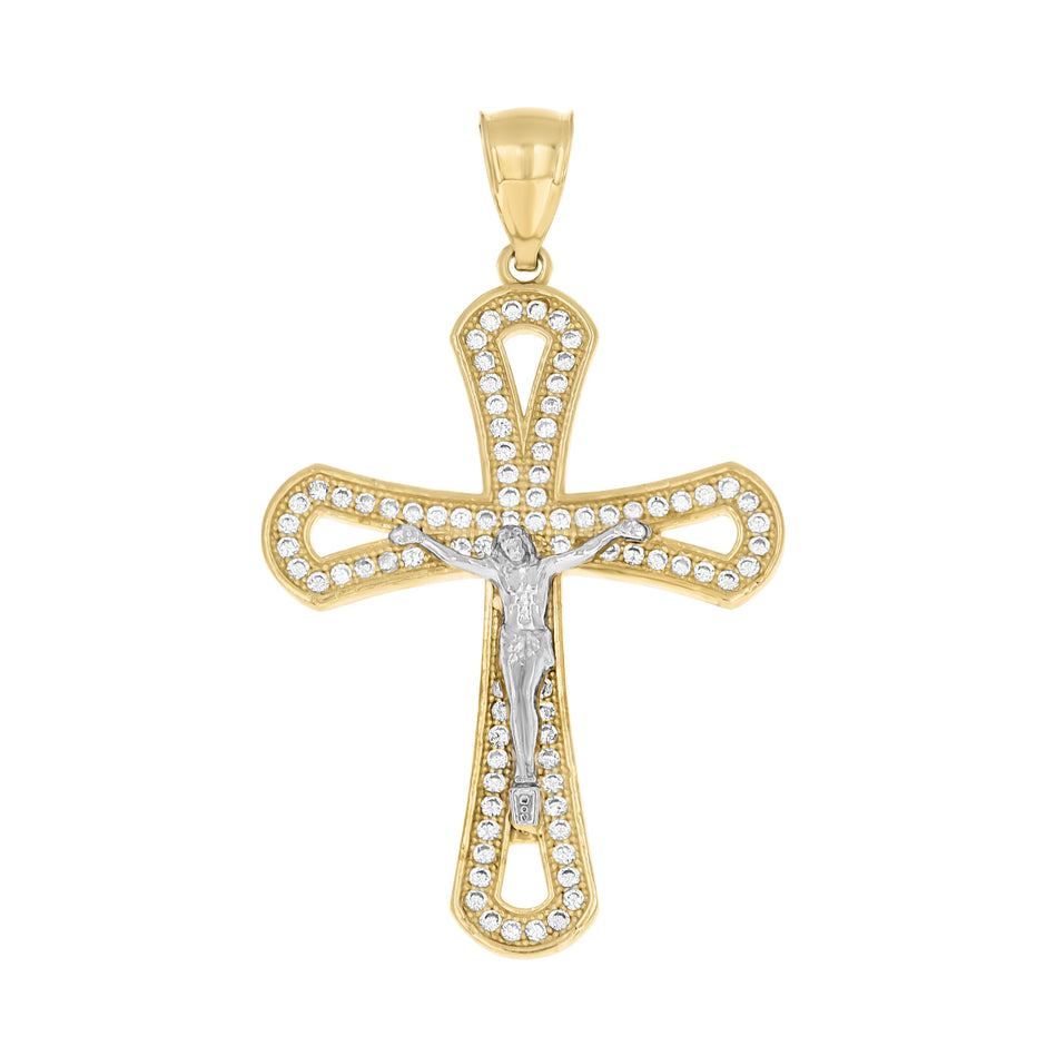10kt Two-tone Gold Mens Cubic-Zirconia Crucifix Cross Religious Charm Pendant