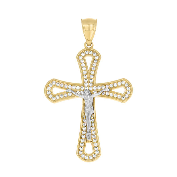 10kt Two-tone Gold Mens Cubic-Zirconia Crucifix Cross Religious Charm Pendant