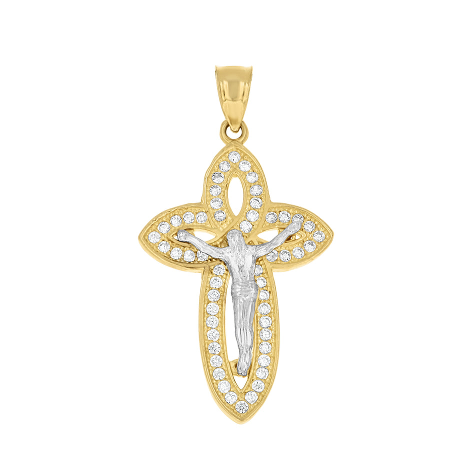 10kt Two-tone Gold Mens Cubic-Zirconia Crucifix Cross Religious Charm Pendant