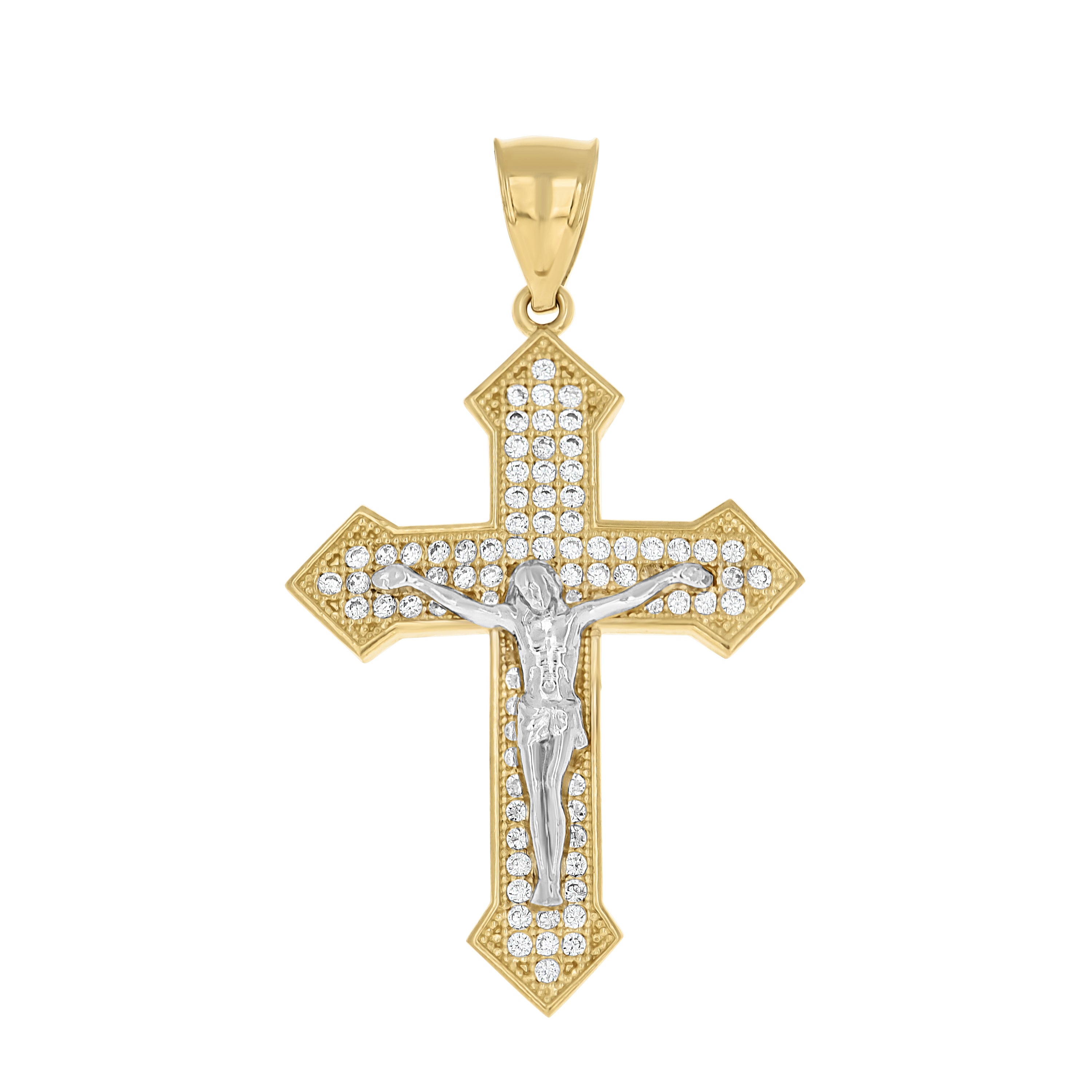 10kt Gold Two-Tone Cubic-Zirconia Mens Cross Crucifix Religious Charm Pendant
