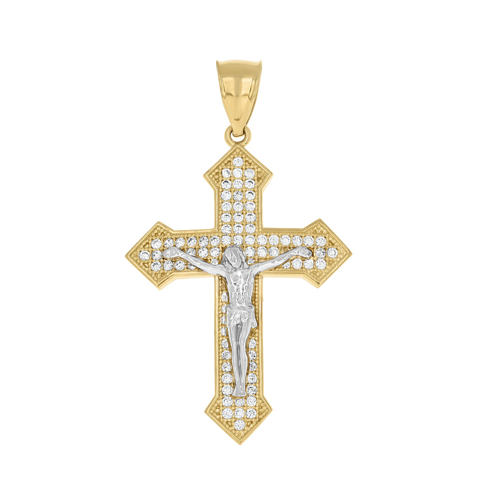 10kt Gold Two-Tone Cubic-Zirconia Mens Cross Crucifix Religious Charm Pendant