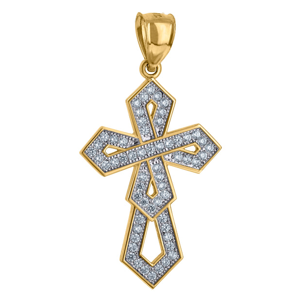 10kt Two-Tone Gold Unisex Cubic Zirconia Cross Religious Charm Pendant