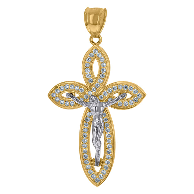 10kt Two-tone Gold Mens Cubic-Zirconia Crucifix Cross Religious Charm Pendant