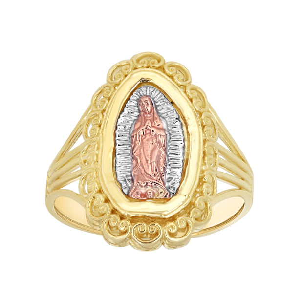 10Kt Tri-Color Gold Womens Textured Lady Of Guadalupe Religious Ring
