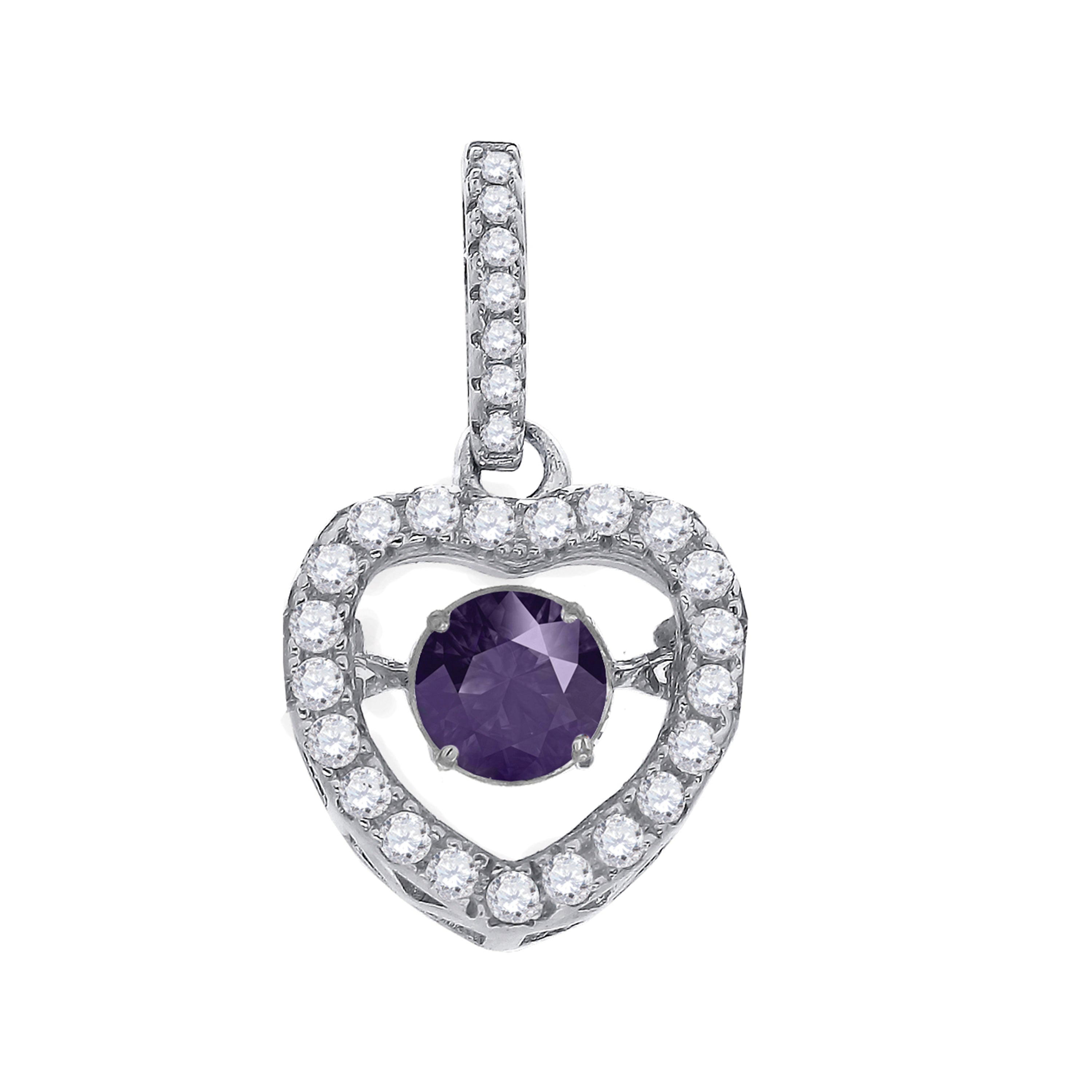 925 Sterling Silver Womens Purple White Cubic Zirconia Heart Charm Pendant