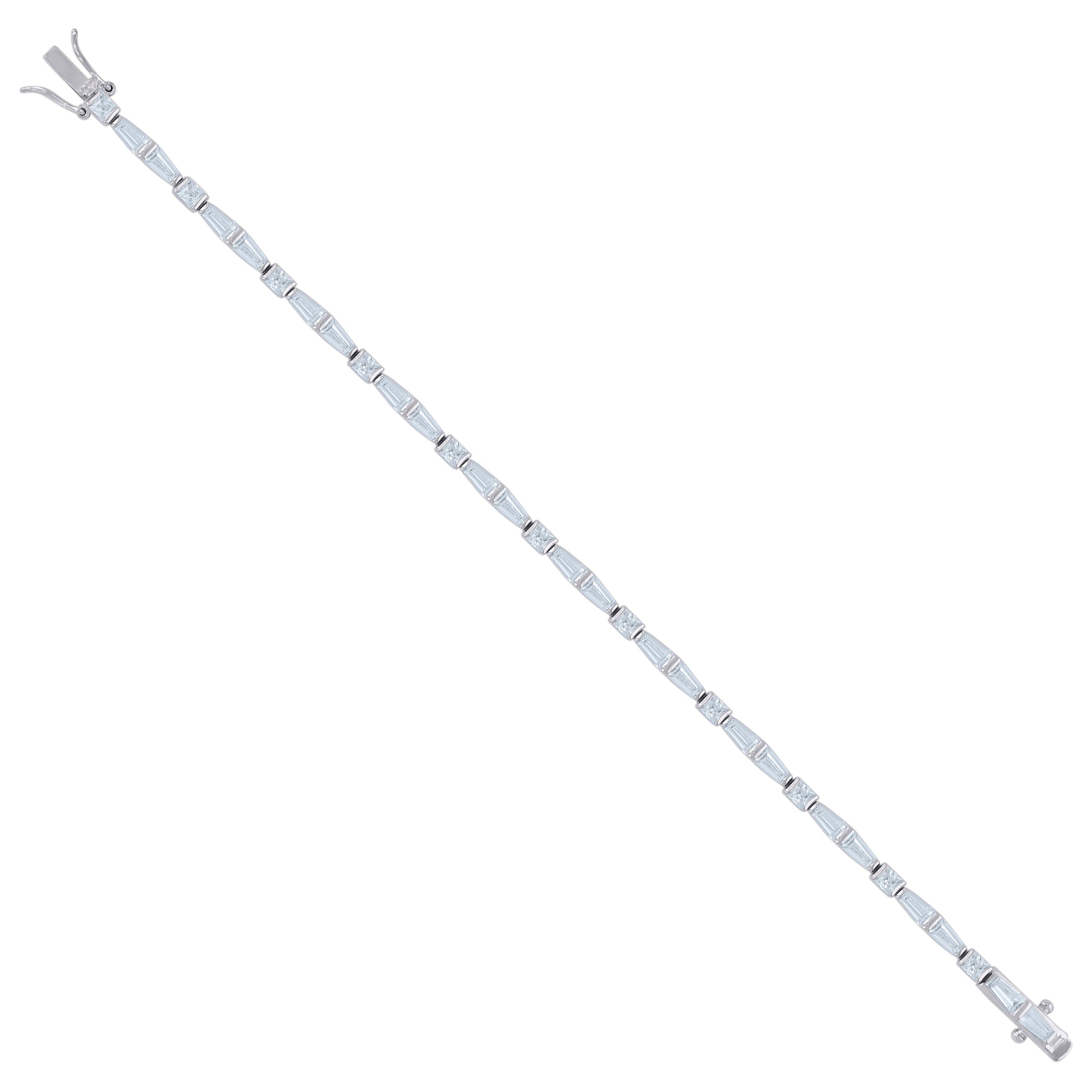 925 Sterling Silver Womens Baguette & Princess Cut Cubic Zirconia Link Bracelet