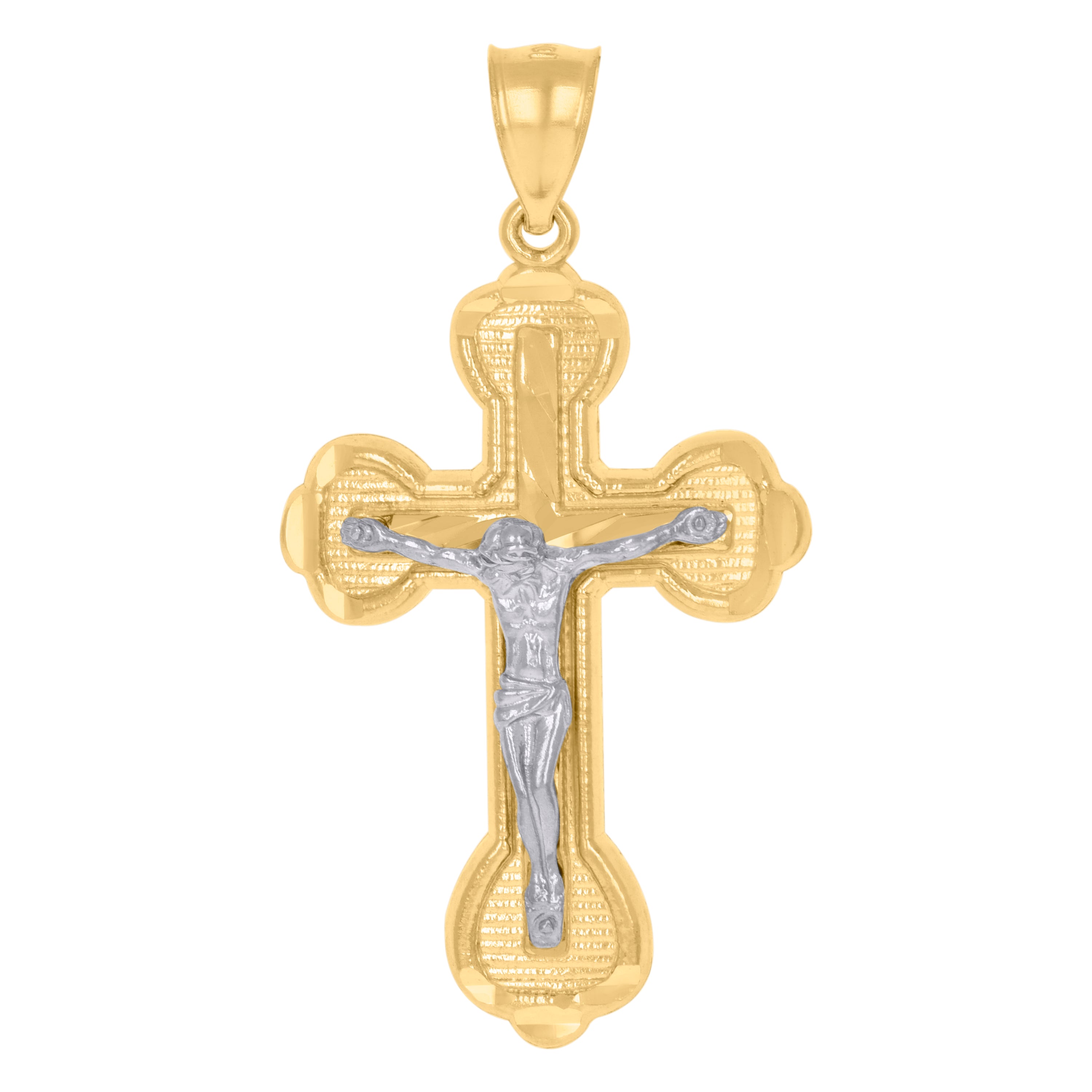 10kt Yellow Gold Two-Tone Diamond-Cut Mens Cross Crucifix Religious Charm Pendant