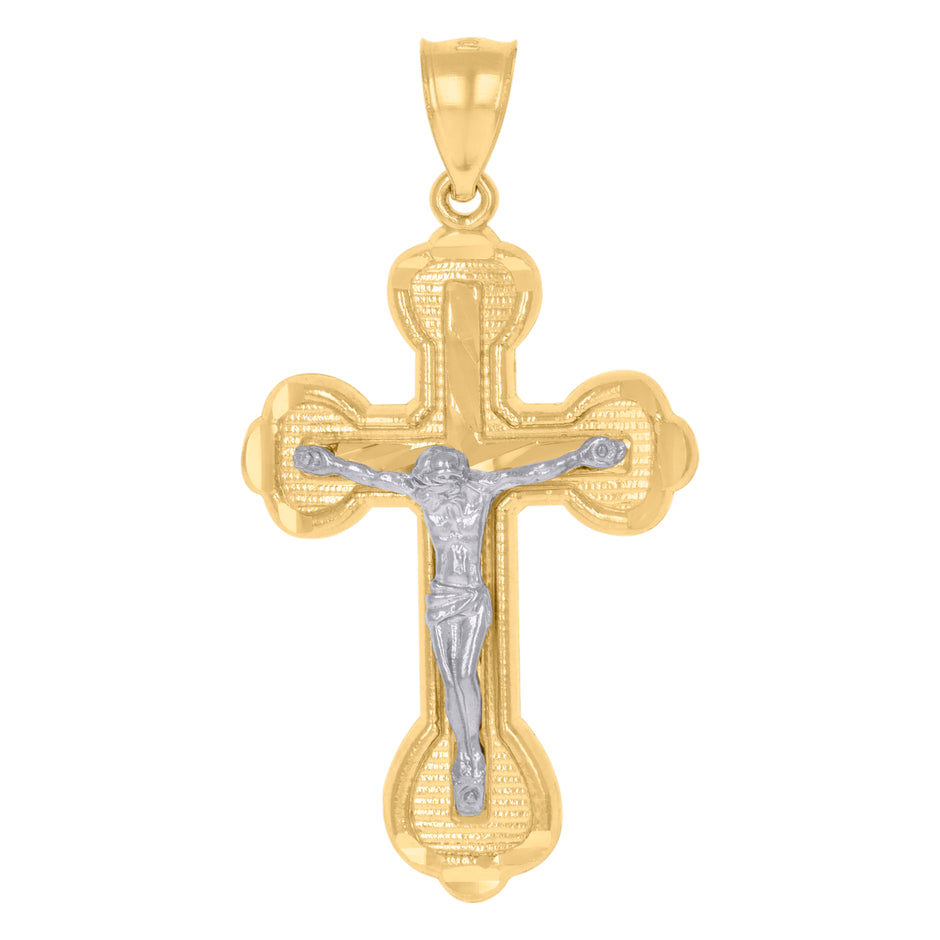 10kt Yellow Gold Two-Tone Diamond-Cut Mens Cross Crucifix Religious Charm Pendant