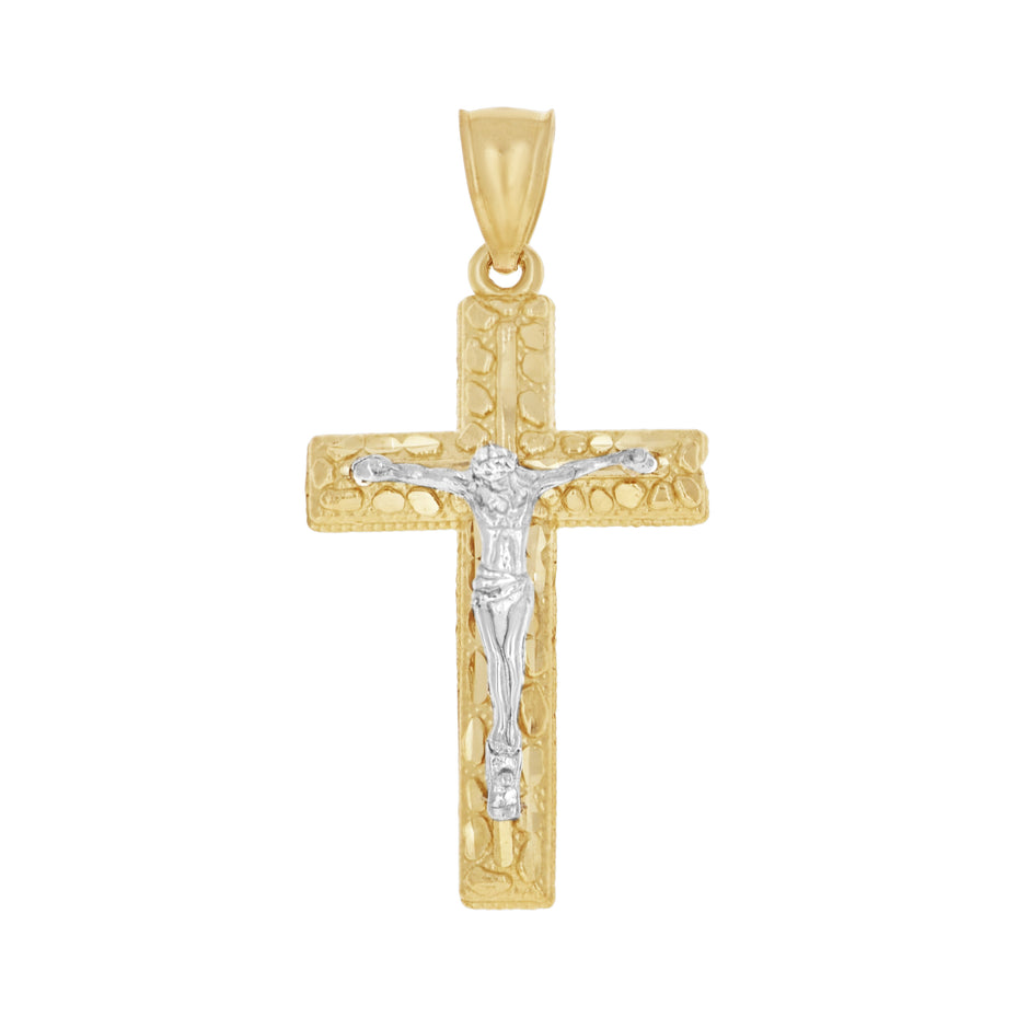 10kt Yellow Gold Two-Tone Diamond-Cut Mens Cross Crucifix Religious Charm Pendant
