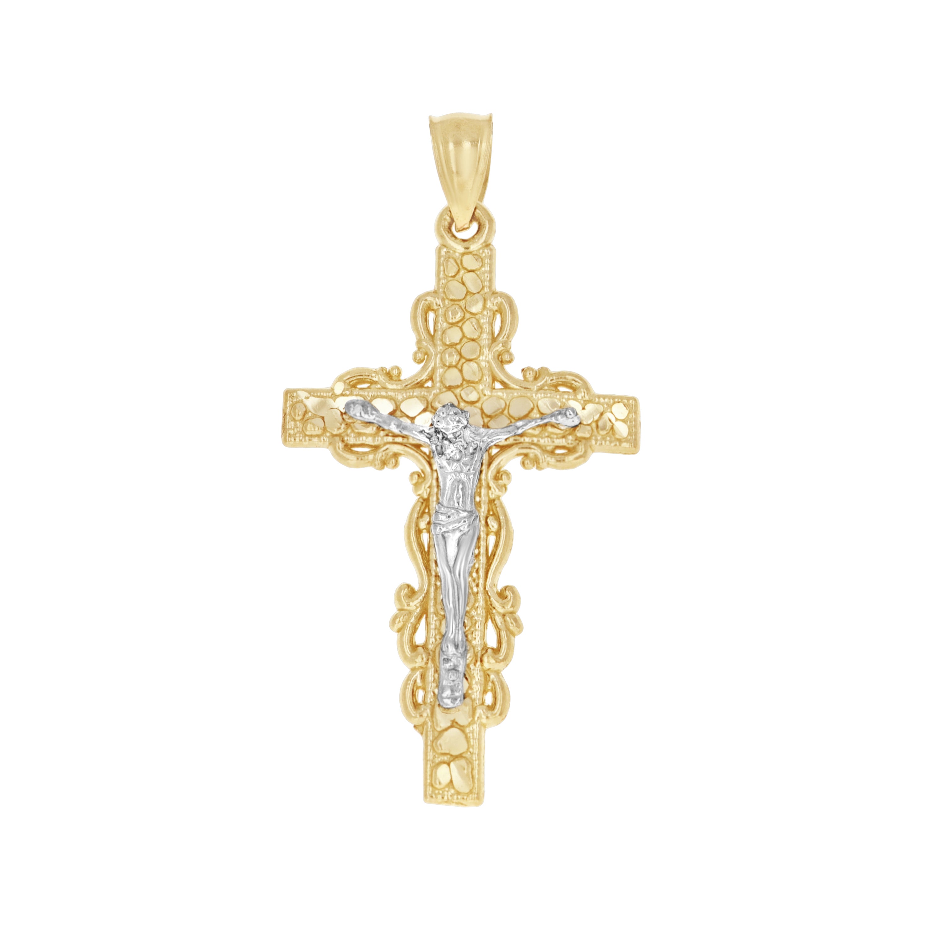 10kt Gold Two-Tone Diamond-Cut Mens Cross Crucifix Religious Charm Pendant